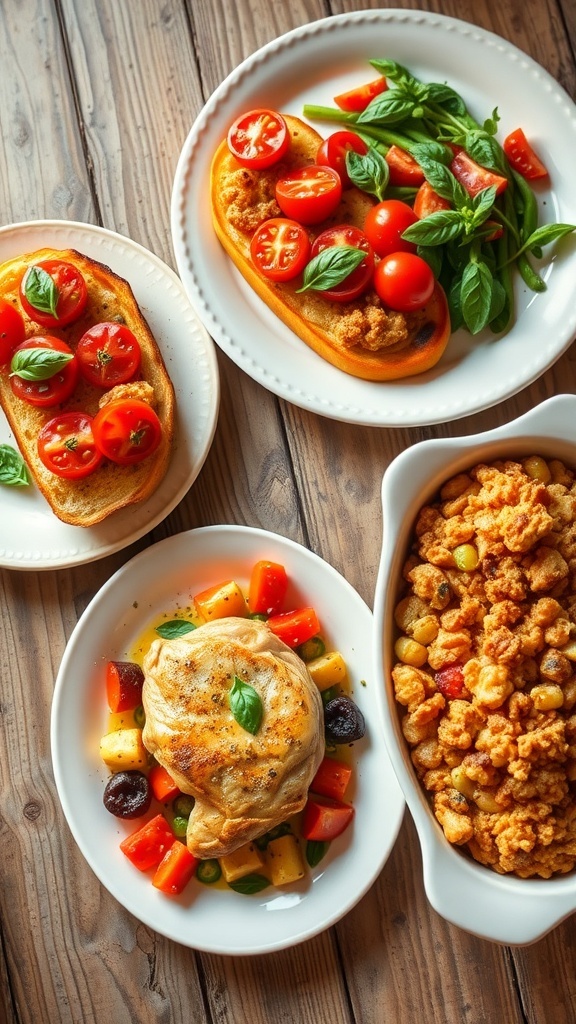 Three-Course Oven Meal Recipe Three-course oven meal with bruschetta, roasted chicken with vegetables, and baked apple crisp.